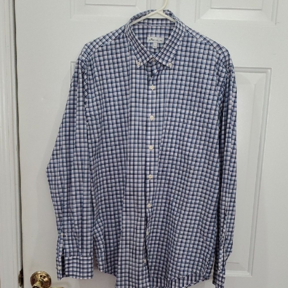 Peter Millar Blue and White Plaid Checkered Shirt Large Long Sleeve Large